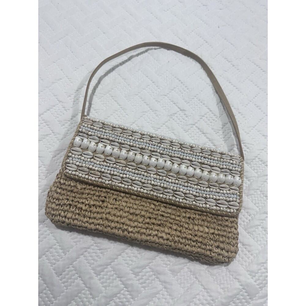 Tommy Bahama Straw/ Seashells purse/Bag Braided Leather Interior removable Strap